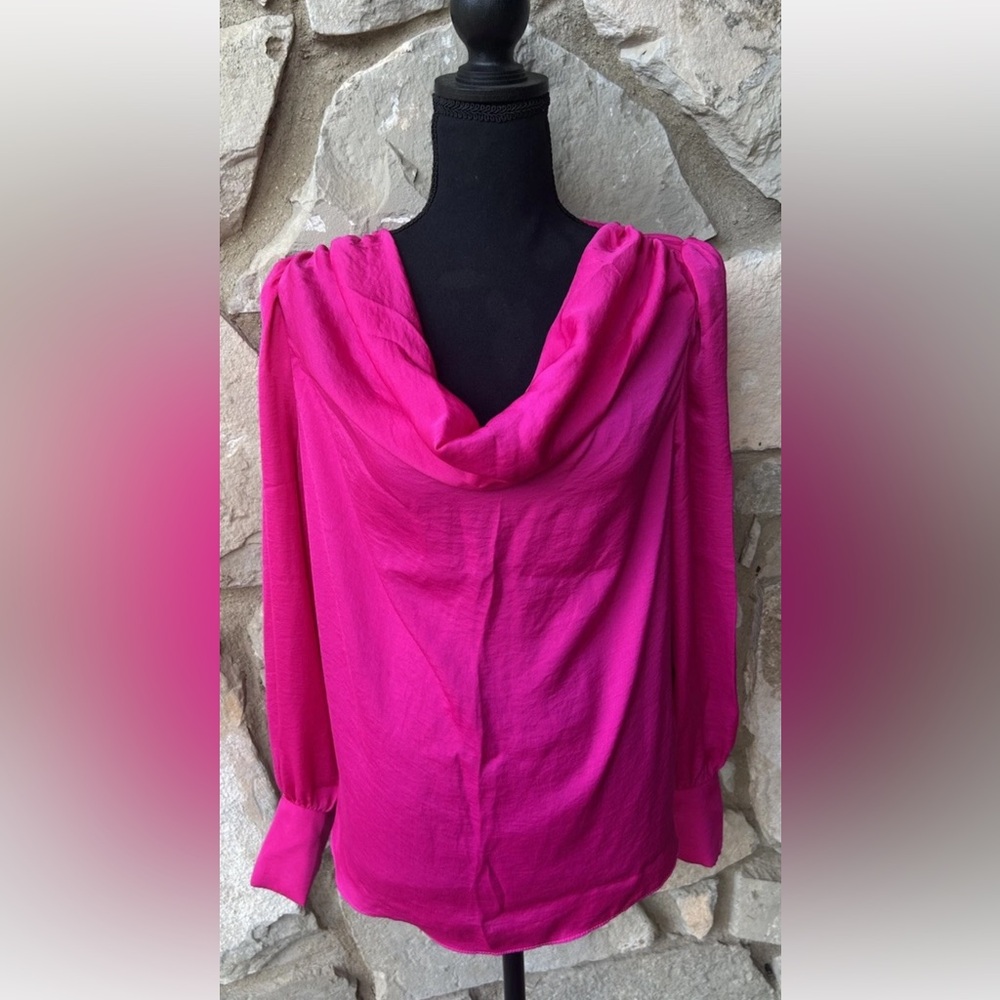 Gibson Latimer Blouse Top S/M Hot Pink Draped Neck Long Sleeve NEW MSRP $79 - Picture 2 of 6
